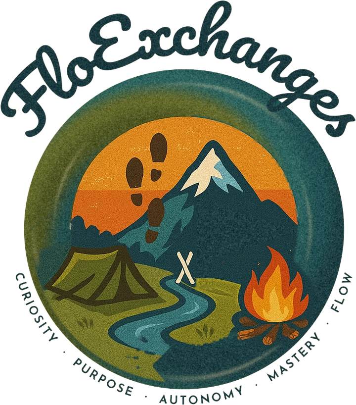 FloExchanges logo: a mountain, tent, river and campfire inside a flowing ring, with the values Curiosity, Purpose, Autonomy, Mastery and Flow